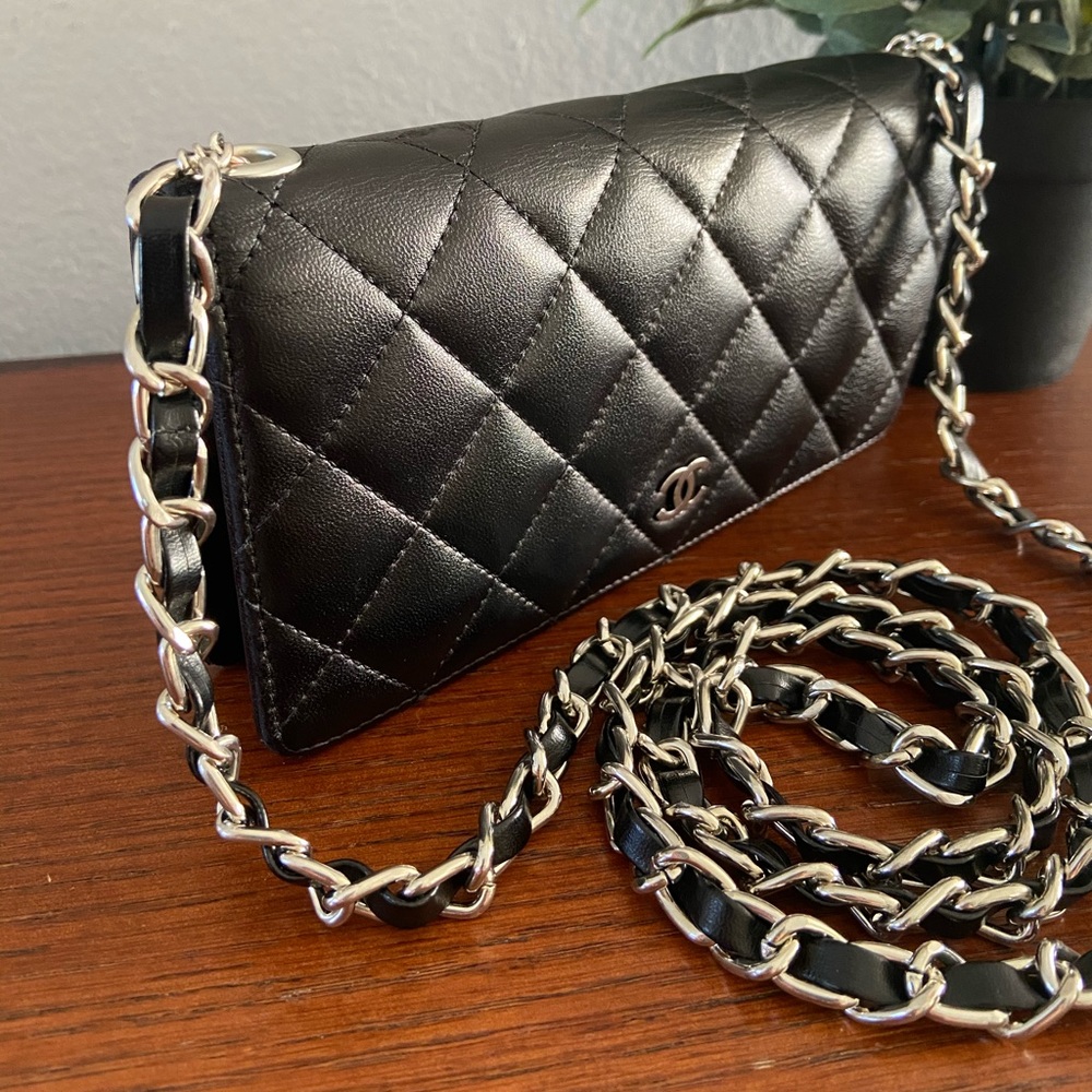 🖤⛓Chanel Matelasse Wallet Chain Quilted Crossbody CC Logo Black - Picture 3 of 10